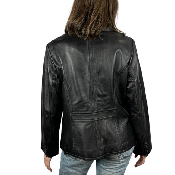 VINTAGE 90S RELATIVITY BLACK LEATHER NOTCHED COLLAR BUTTON DOWN BLAZER JACKET - Picture 3 of 14